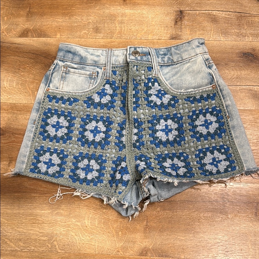 Blue and Gray Crochet Jean Shorts High-Waisted